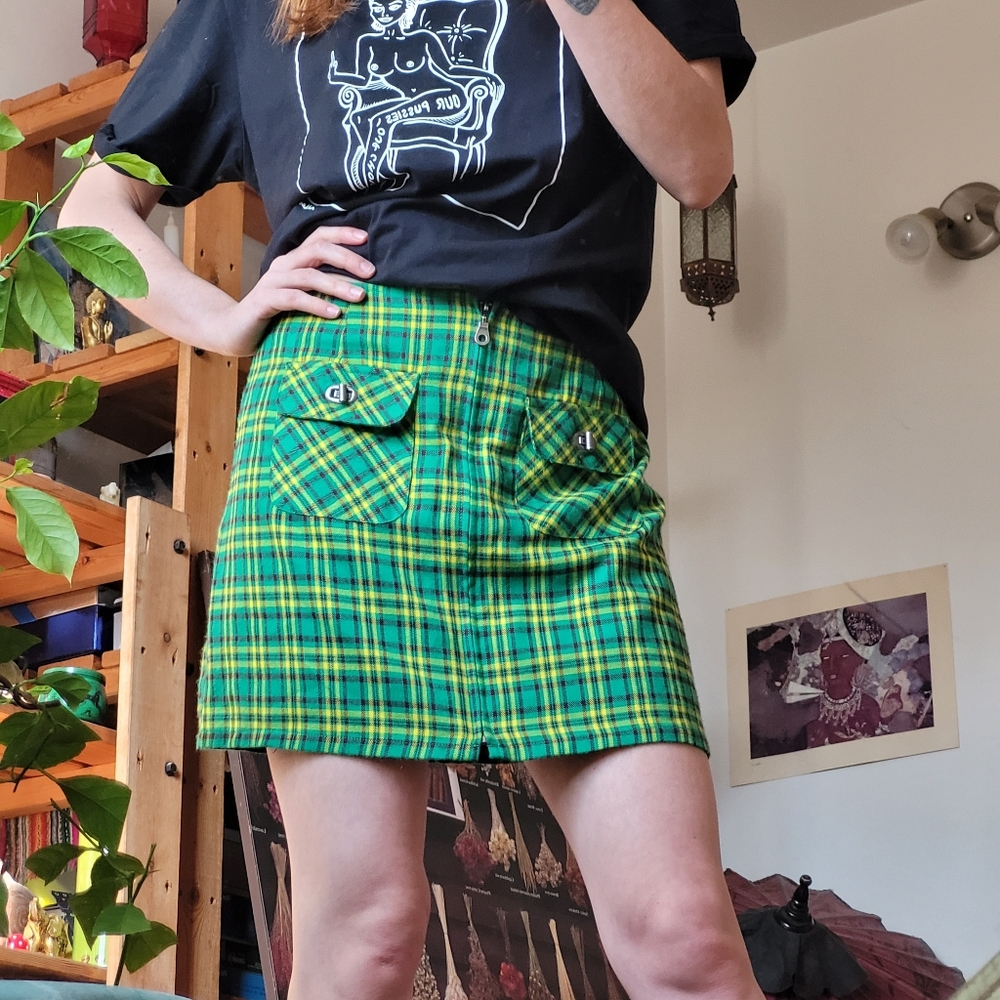 Vintage Free People The Originals Green Plaid Zip-front Y2k Mini Skirt - Size S